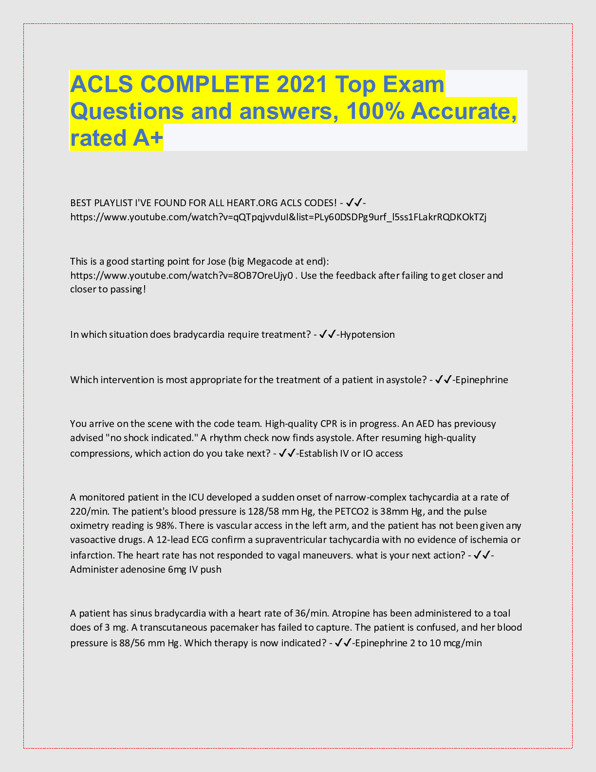 Preview of ACLS COMPLETE 2021 Top Exam  Questions and answers, 100% Accurate,  rated A+